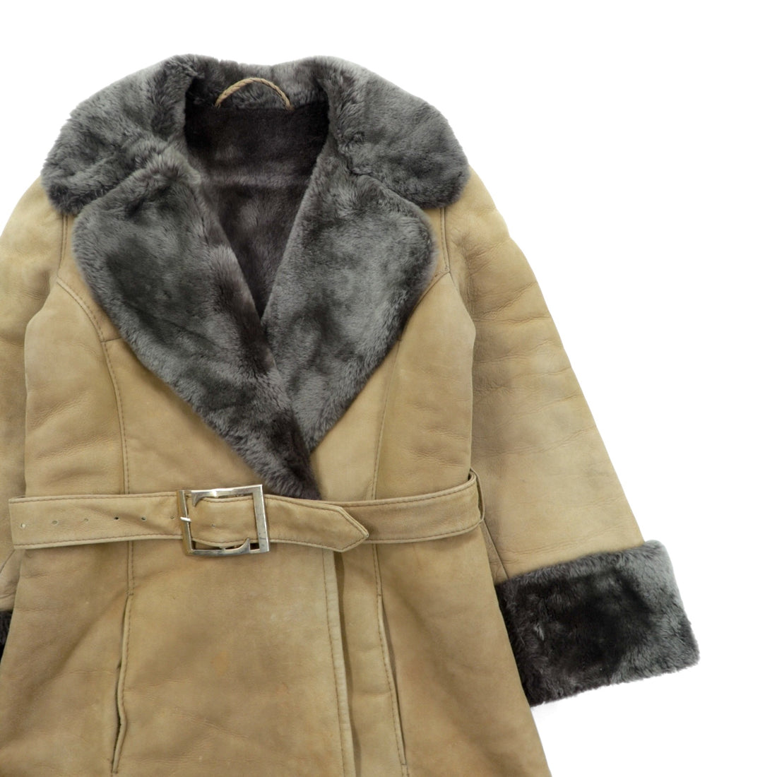 Vintage LOEWE Shearling Long Coat, XL, Fur Collar, Belted, Made in Spain