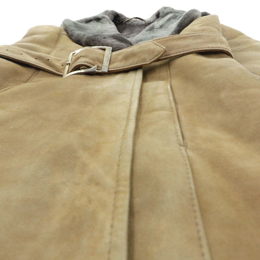 Vintage LOEWE Shearling Long Coat, XL, Fur Collar, Belted, Made in Spain