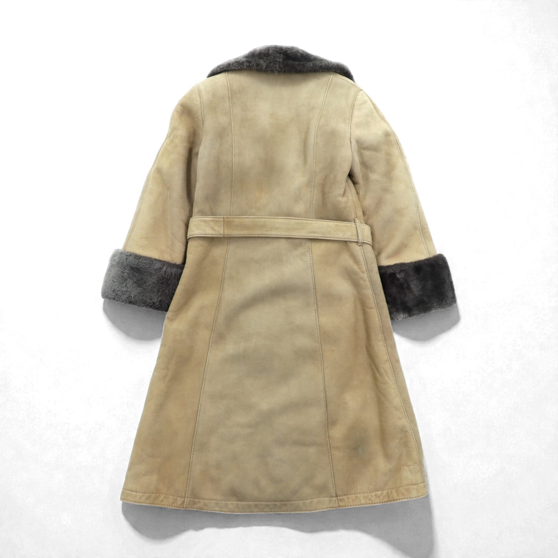 Vintage LOEWE Shearling Long Coat, XL, Fur Collar, Belted, Made in Spain