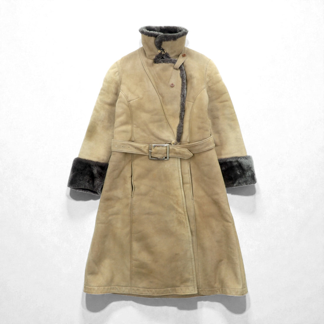 Vintage LOEWE Shearling Long Coat, XL, Fur Collar, Belted, Made in Spain