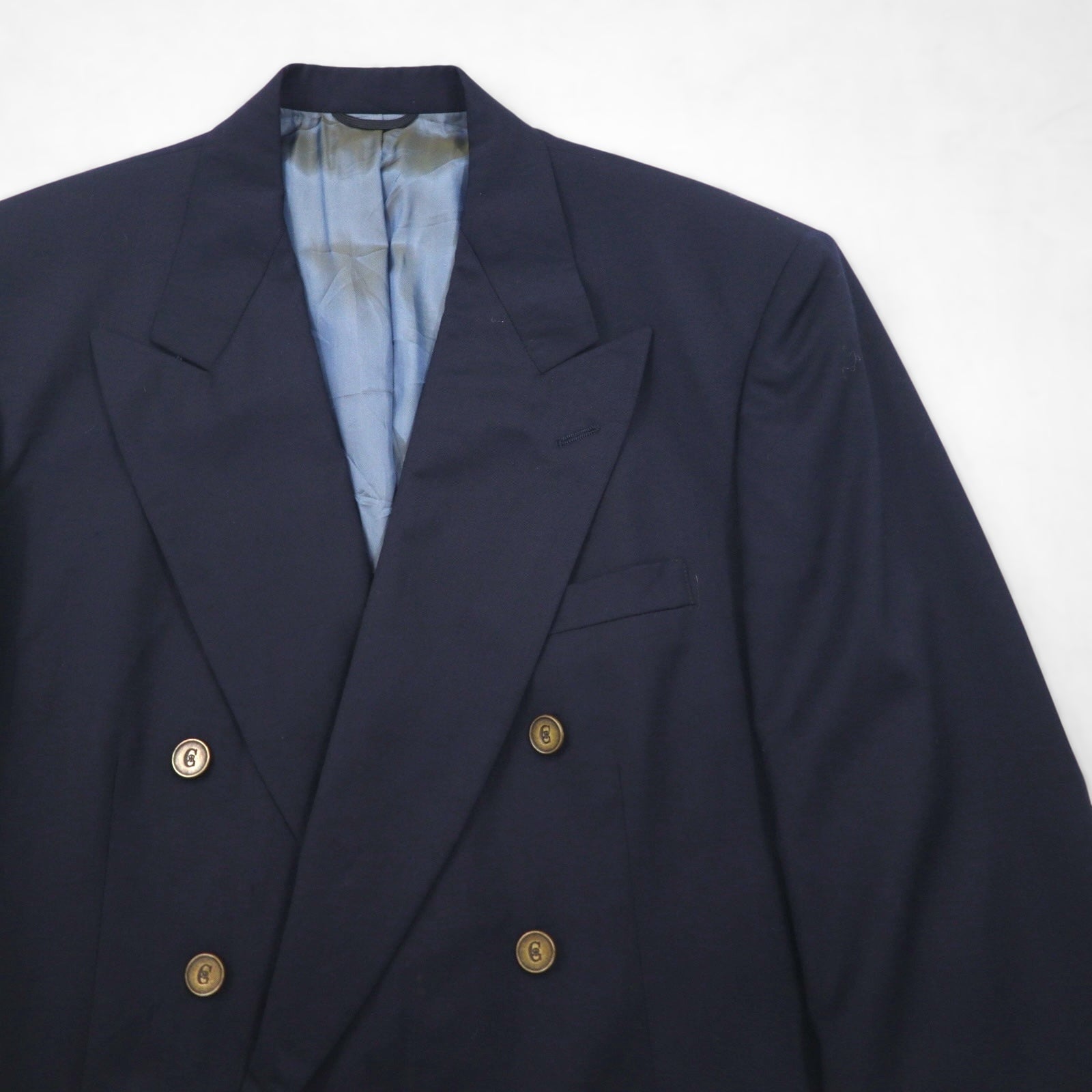 80s USA UNION MADE Vintage Blazer NINO CERRUTI 80年代 USA製 ピークドラペル ダブル ブレザー テーラードジャケット L 金ボタン ユニオンメイド ACTWUタグ 紺ブレ