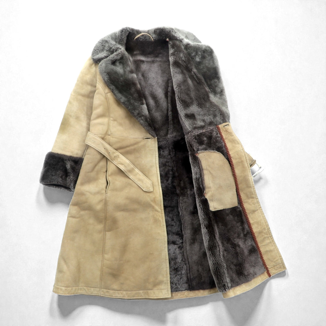 Vintage LOEWE Shearling Long Coat, XL, Fur Collar, Belted, Made in Spain