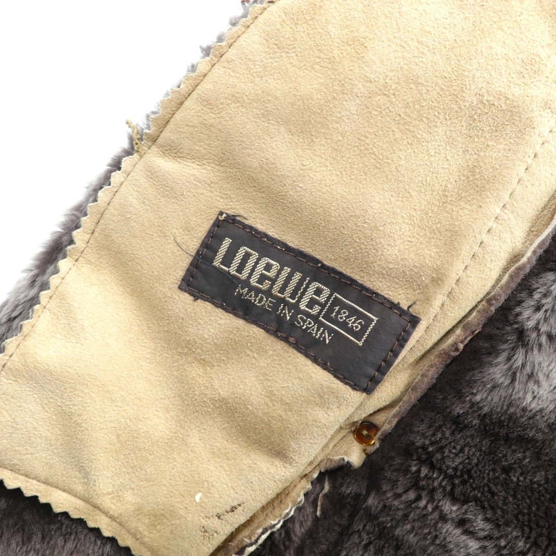 Vintage LOEWE Shearling Long Coat, XL, Fur Collar, Belted, Made in Spain