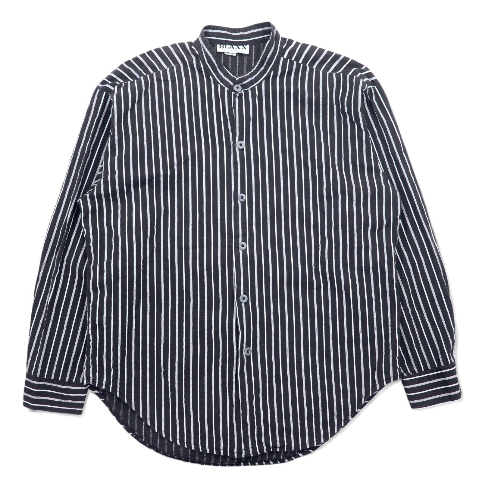 日本然リトテ-古着オンライン-USA製 90年代 BLAXX メタルボタン バンドカラーシャツ L ブラック ストライプ コットン-USA Made 90's BLAXX Metal Button Band Collar Shirt L Black Striped Cotton