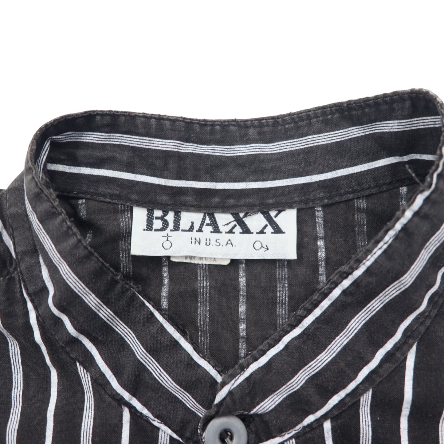 Made in USA 90s BLAXX Metal Button Band Collar Shirt L Black Striped Cotton