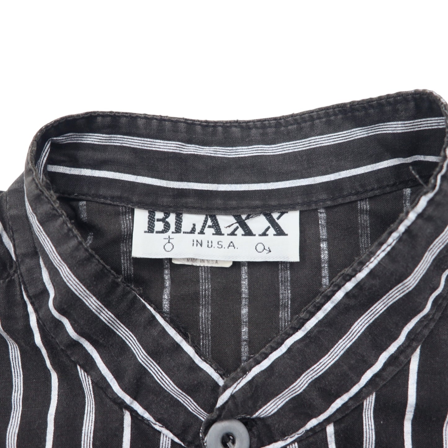 USA製 90年代 BLAXX メタルボタン バンドカラーシャツ L ブラック ストライプ コットン