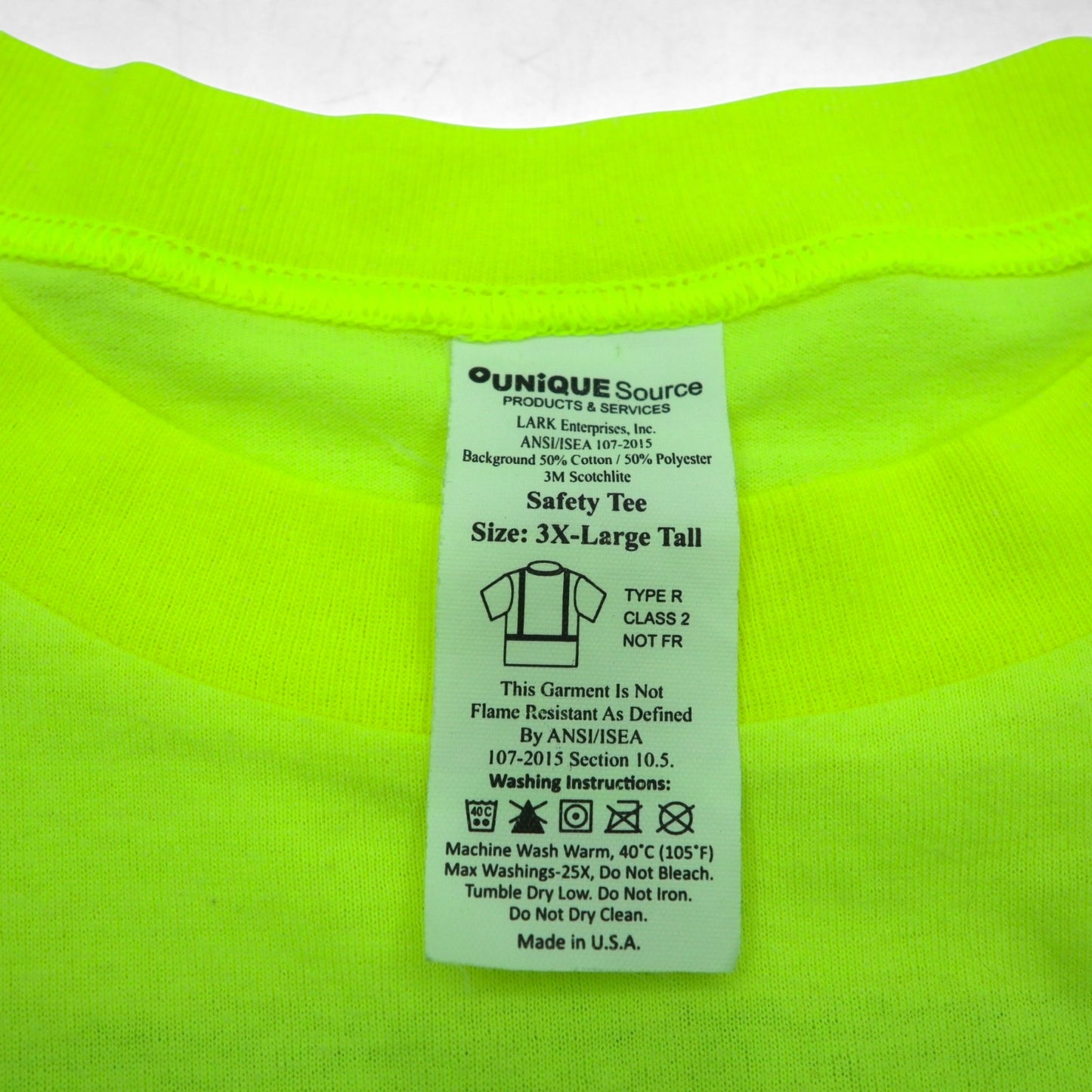 UNIQUE SOURCE Reflector Work T-Shirt Safety Tee 3XL Yellow Cotton Polyester Made in USA