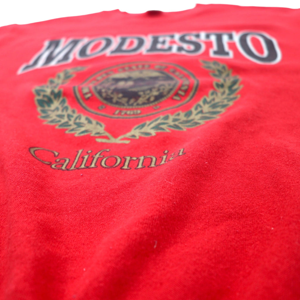 DELTA Made in USA 90's FIFTY-FIFTY College Print Sweatshirt L Red Cotton Polyester Brushed Back MODESTO