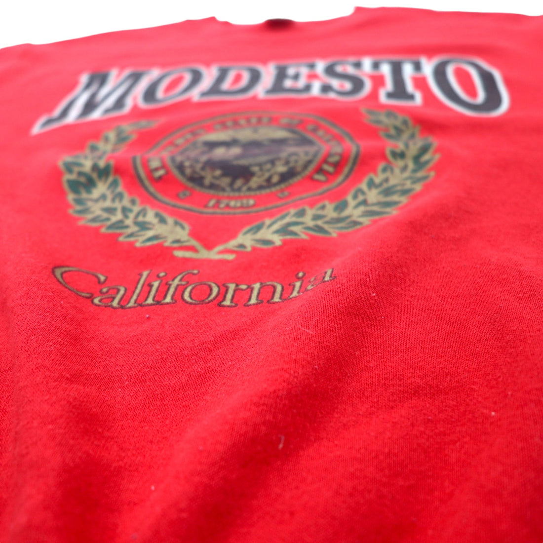 DELTA Made in USA 90's FIFTY-FIFTY College Print Sweatshirt L Red Cotton Polyester Brushed Back MODESTO