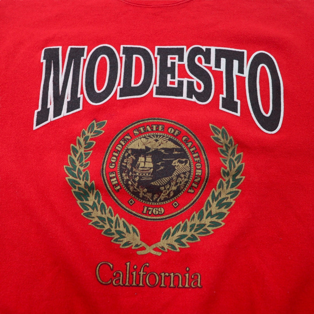 DELTA Made in USA 90's FIFTY-FIFTY College Print Sweatshirt L Red Cotton Polyester Brushed Back MODESTO