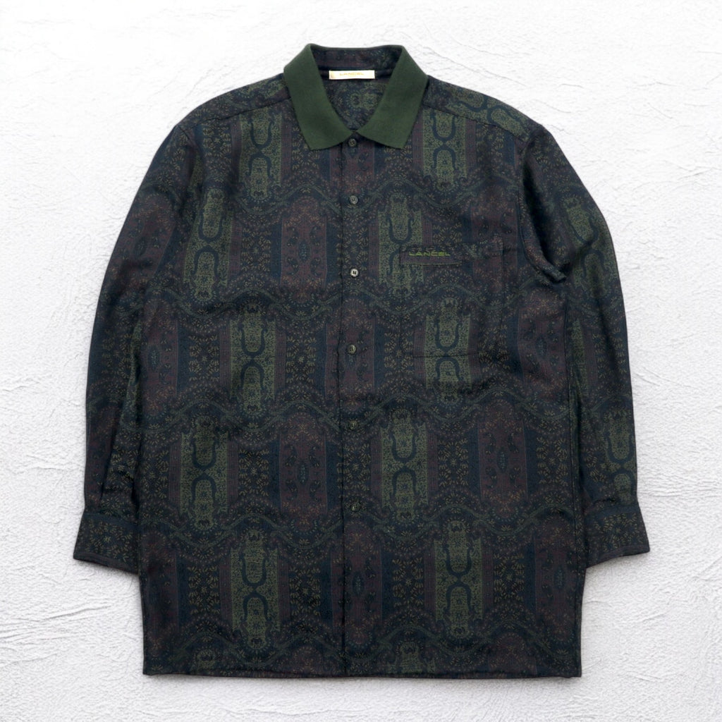 LANCEL 90年代 総柄 ジャガード シャツ L カーキ ウール 日本製