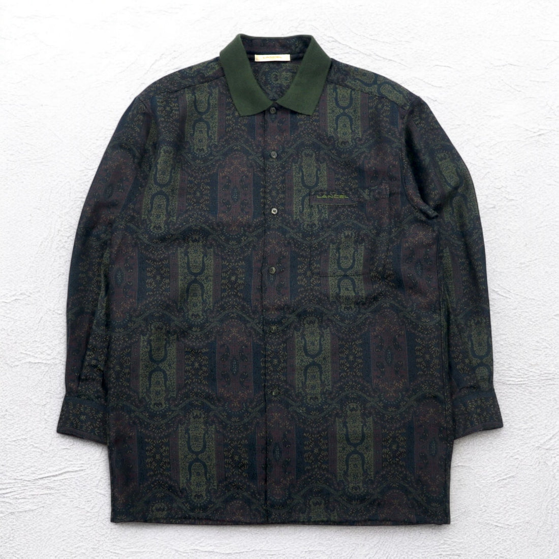 LANCEL 90年代 総柄 ジャガード シャツ L カーキ ウール 日本製