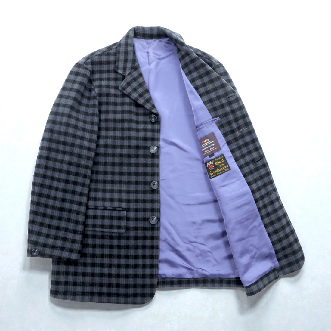 PAZZO 90s Made in Japan Vintage Cashmere 4B Tailored Jacket, Leather, XL, Check Marcolana Wool and