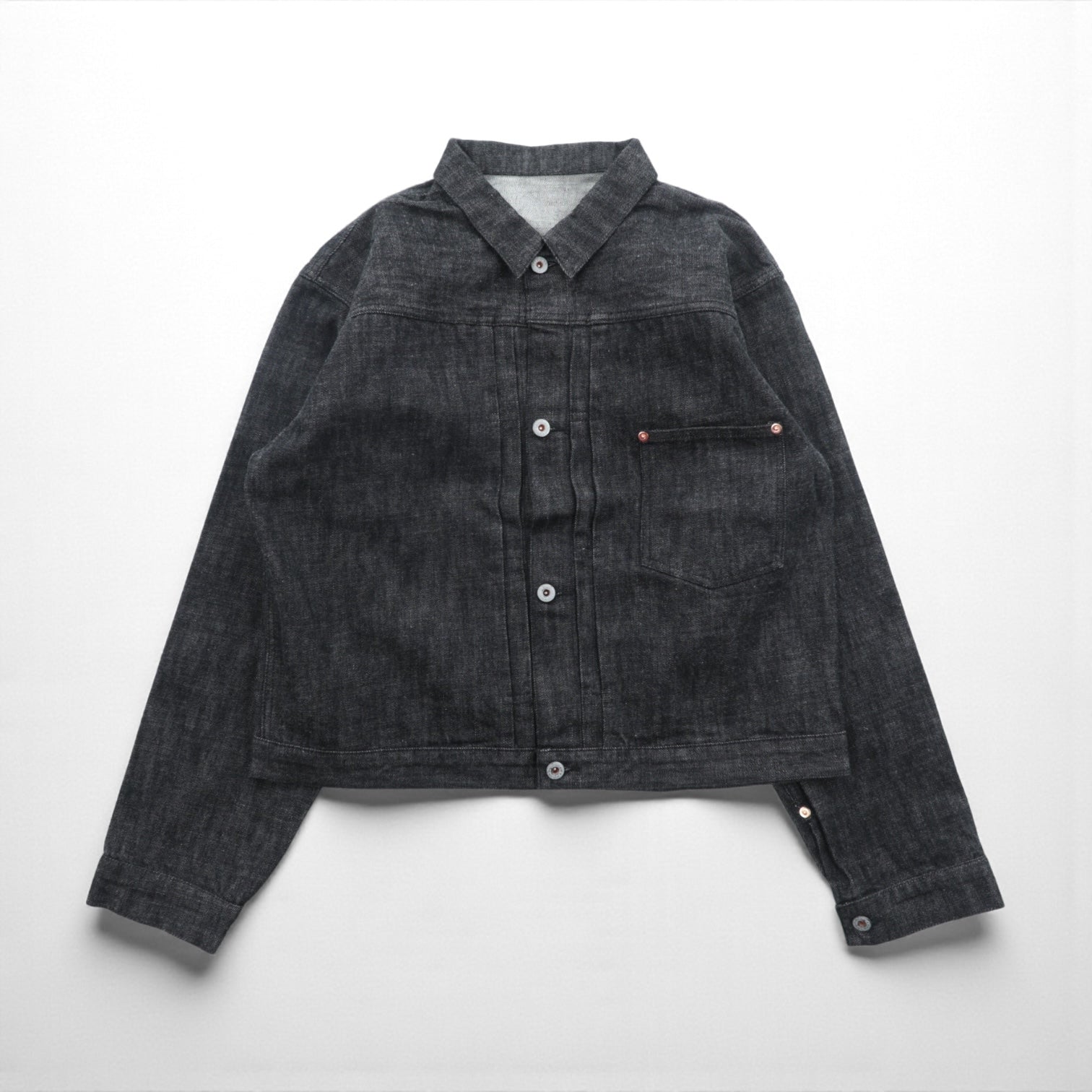 VINTAGE レプリカ 1st タイプ 大戦モデル デニムジャケット Gジャン XL ブラック 13.5OZ セルヴィッチ 赤耳 シンチバック プリーツ 月桂樹ボタン 復刻 未使用品