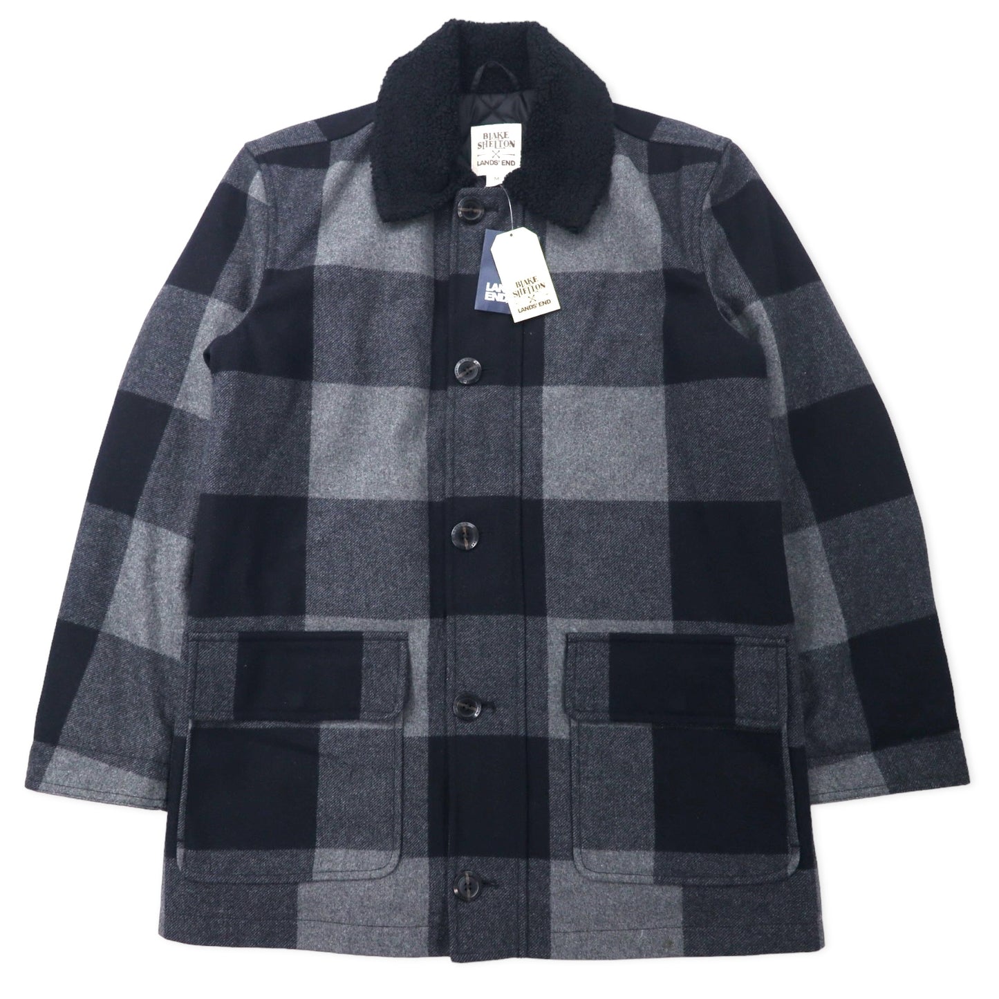 BLAKE SHELTON × LANDS' END 襟ボア ランチコート M グレー ウール バッファローチェック ポリエステル 中綿 Insulated Wool Rancher Coat 未使用品