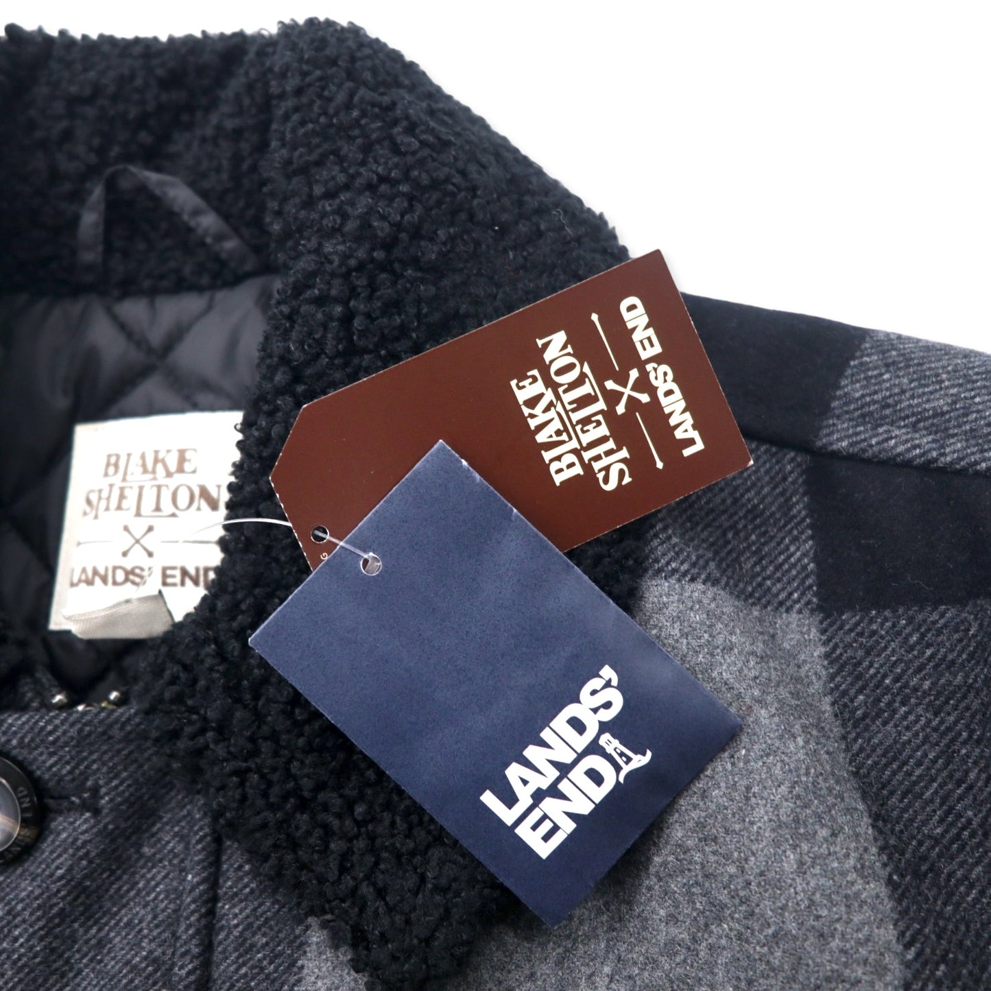 BLAKE SHELTON × LANDS' END 襟ボア ランチコート M グレー ウール バッファローチェック ポリエステル 中綿 Insulated Wool Rancher Coat 未使用品