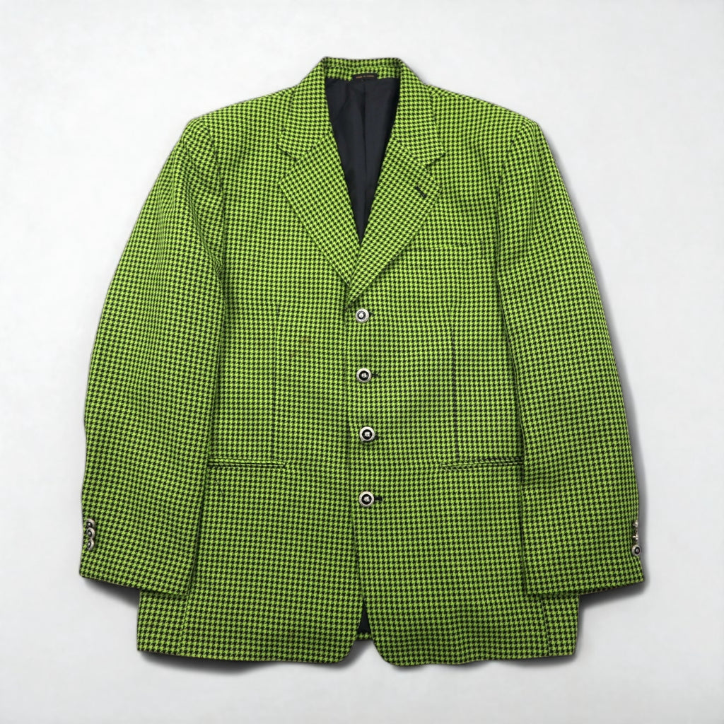 80s Italian Vintage Blazer Dino Divinch Houndstooth Check Blazer, Size 4B, Tailored Jacket, XL, Yellow, Houndstooth