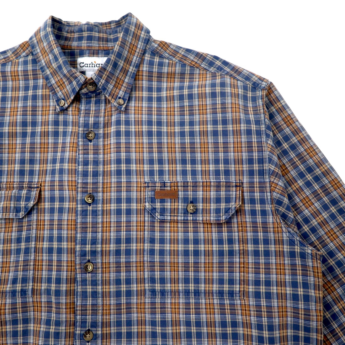Carhartt Flannel Work Shirt L Navy Brown Cotton Big Size