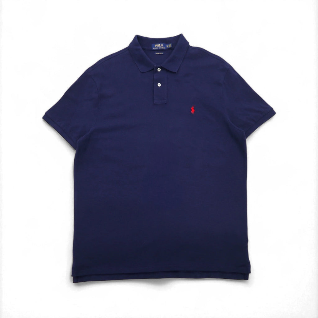 POLO RALPH LAUREN Polo Shirt XL Navy Cotton Pique CUSTOM SLIM FIT Small Pony Embroidery