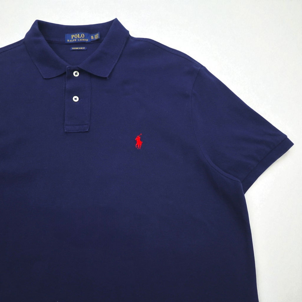 POLO RALPH LAUREN Polo Shirt XL Navy Cotton Pique CUSTOM SLIM FIT Small Pony Embroidery