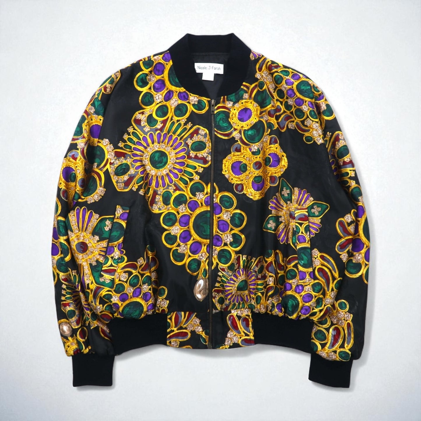 90s Vintage Bomber Jacket Nicole / J-Farah サテンジャケット ブルゾン L ブラック 総柄 90年代