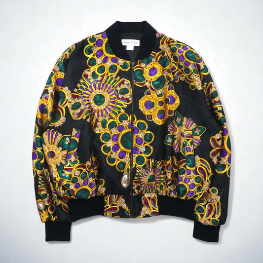 90s Vintage Bomber Jacket Nicole / J-Farah サテンジャケット ブルゾン L ブラック 総柄 90年代