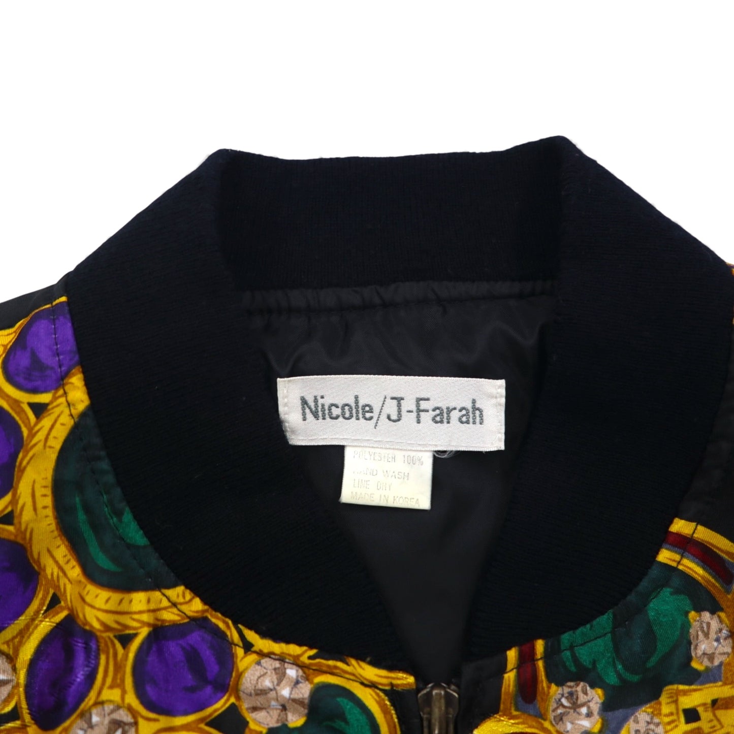 90s Vintage Bomber Jacket Nicole / J-Farah サテンジャケット ブルゾン L ブラック 総柄 90年代