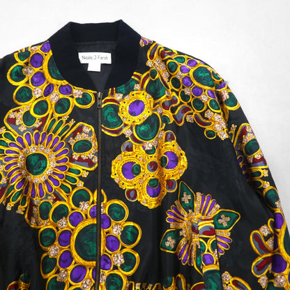 90s Vintage Bomber Jacket Nicole / J-Farah サテンジャケット ブルゾン L ブラック 総柄 90年代