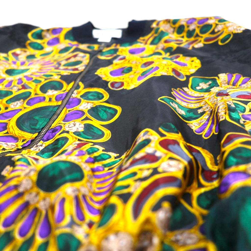 90s Vintage Bomber Jacket by Nicole/J-Farah, Satin Jacket, Blouson, Size L, Black, All-Over Print, 90s