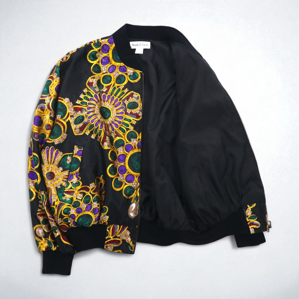 90s Vintage Bomber Jacket by Nicole/J-Farah, Satin Jacket, Blouson, Size L, Black, All-Over Print, 90s