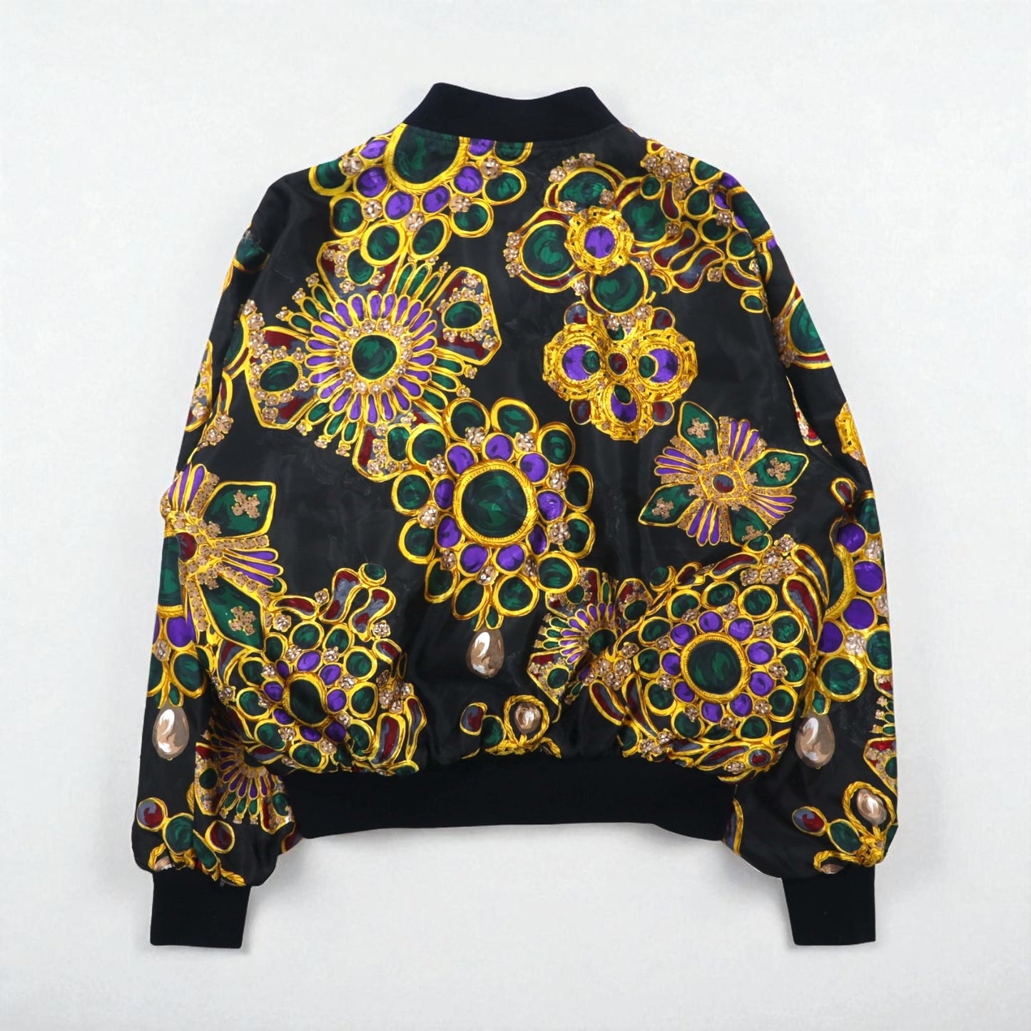 90s Vintage Bomber Jacket Nicole / J-Farah サテンジャケット ブルゾン L ブラック 総柄 90年代