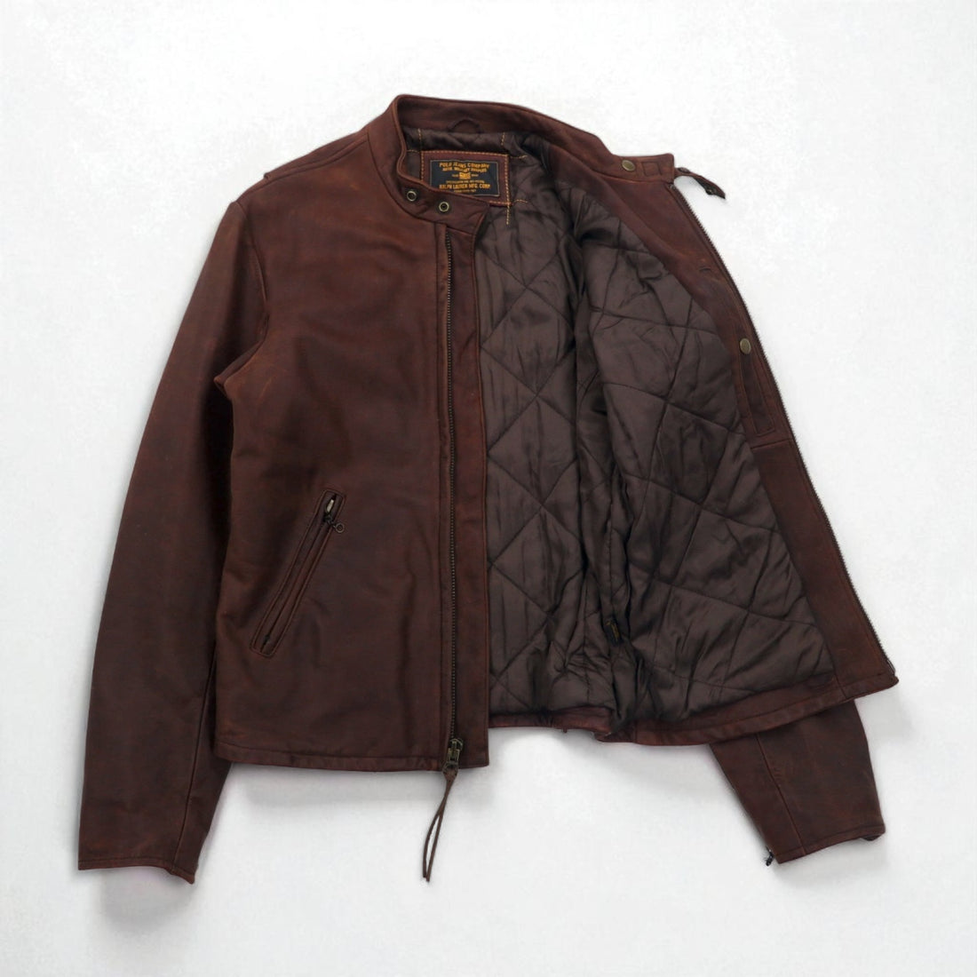 POLO JEANS COMPANY RALPH LAUREN 90s Vintage Single Riders Leather Jacket L Brown Quilted Liner