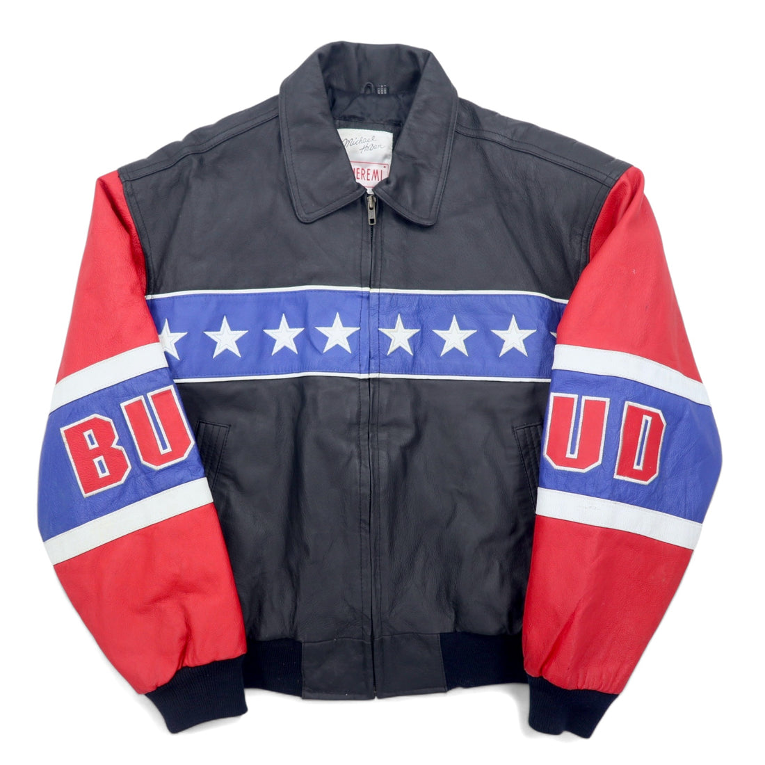90s Michael Hoban WHEREMI Stars and Stripes Single Riders Leather Jacket M Black Leather BUD