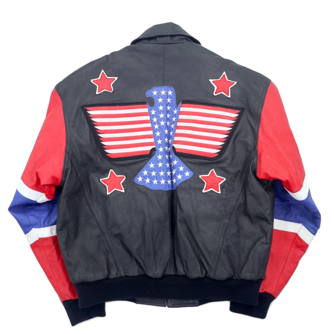 90s Michael Hoban WHEREMI Stars and Stripes Single Riders Leather Jacket M Black Leather BUD