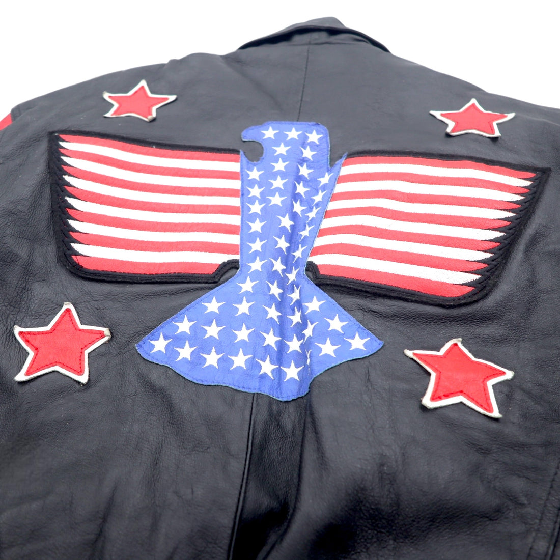 90s Michael Hoban WHEREMI Stars and Stripes Single Riders Leather Jacket M Black Leather BUD