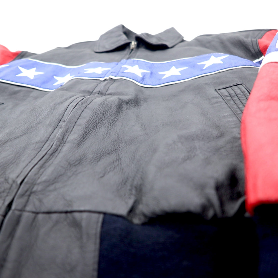 90s Michael Hoban WHEREMI Stars and Stripes Single Riders Leather Jacket M Black Leather BUD
