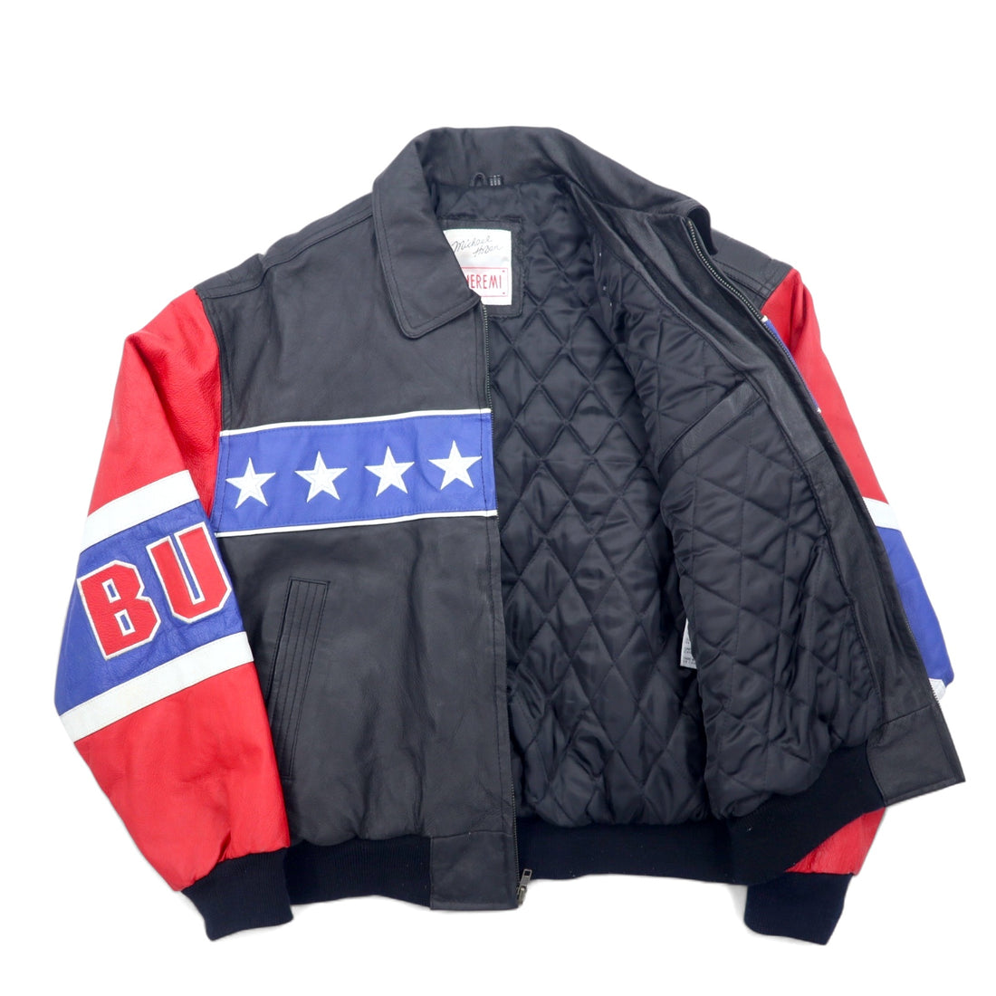 90s Michael Hoban WHEREMI Stars and Stripes Single Riders Leather Jacket M Black Leather BUD
