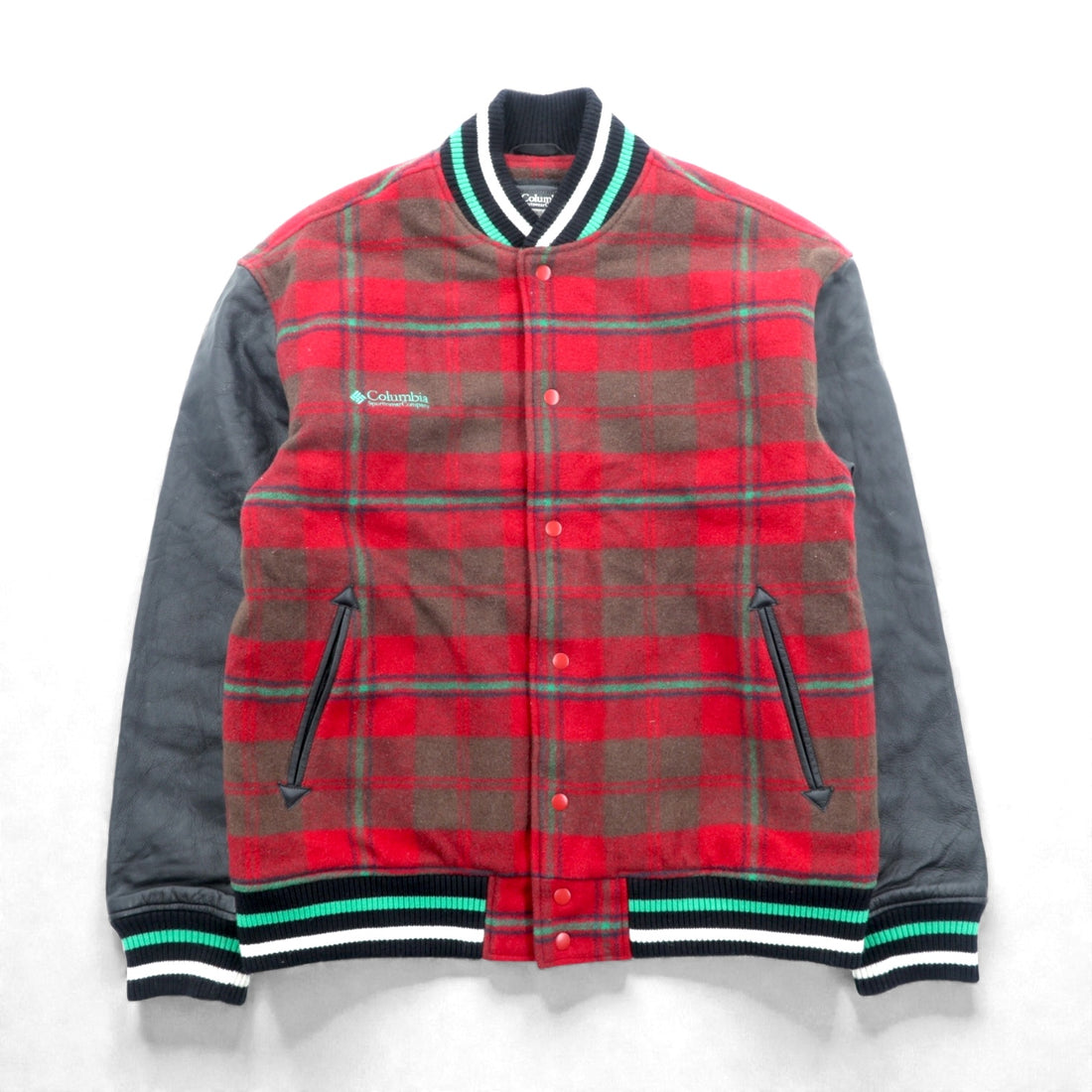 Columbia 00s Leather Varsity Jacket, XL, Red Wool, Gilcrest Check, PM3341, XCO Cowhide