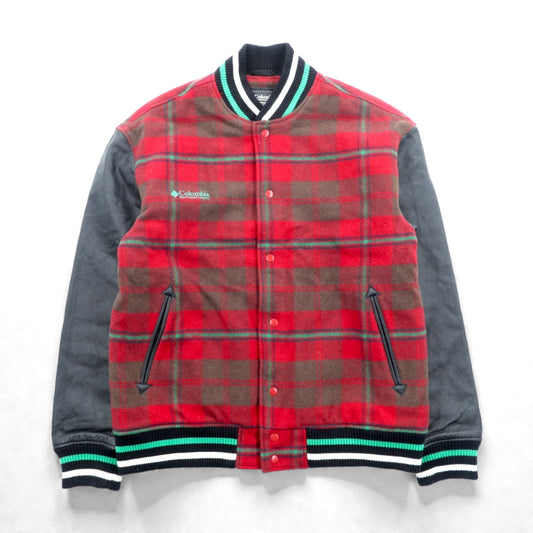 Columbia 00年代 袖レザー スタジャン XL レッド ウール ギルクレスト ジャケット チェック PM3341 XCO 牛革