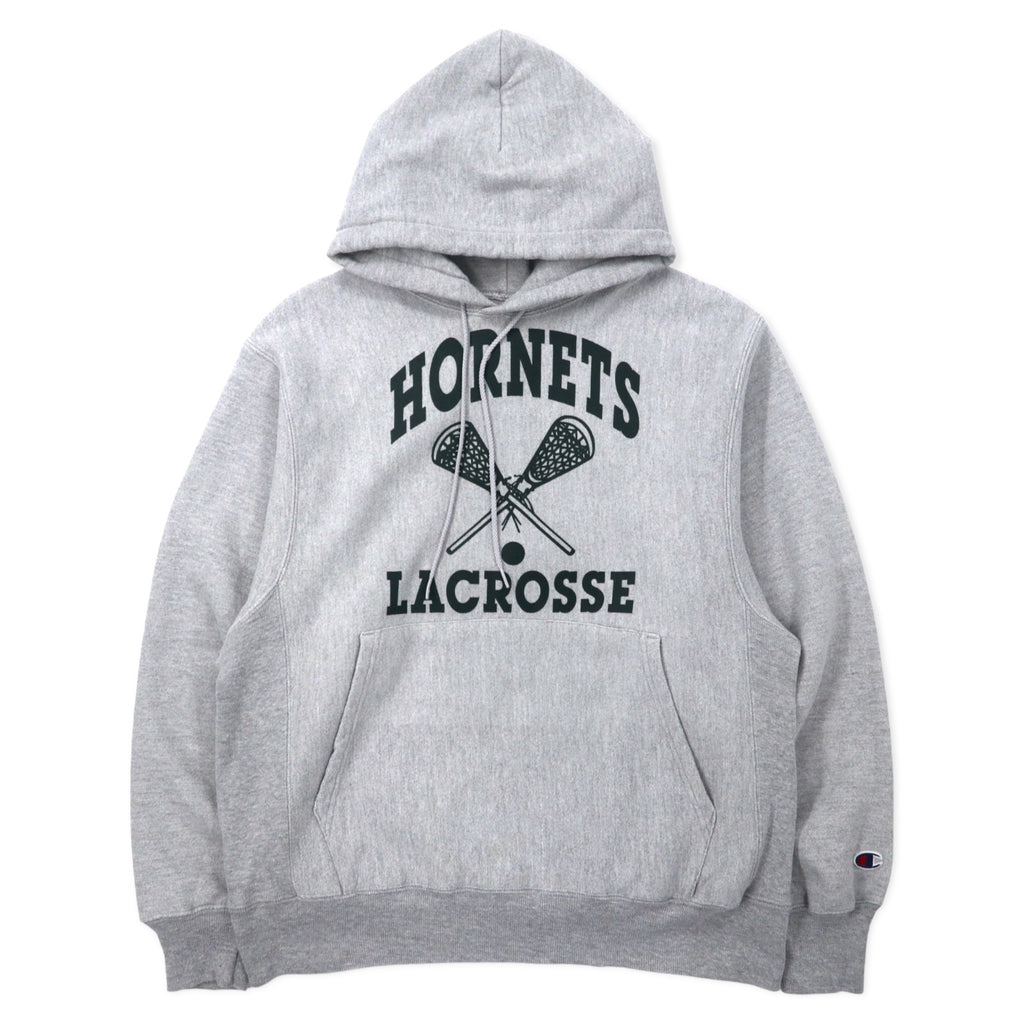 日本然リトテ-古着オンライン-Champion 00年代 プレミアム リバースウィーブ パーカー M グレー コットン 裏起毛 HORNETS LACROSSE アーチロゴ 3段プリント PREMIUM REVERSE WEAVE-Champion 00's Premium Reverse Weave Hoodie M Gray Cotton brushed lining HORNETS LACROSSE Arch Logo 3 Tier Print PREMIUM REVERSE WEAVE