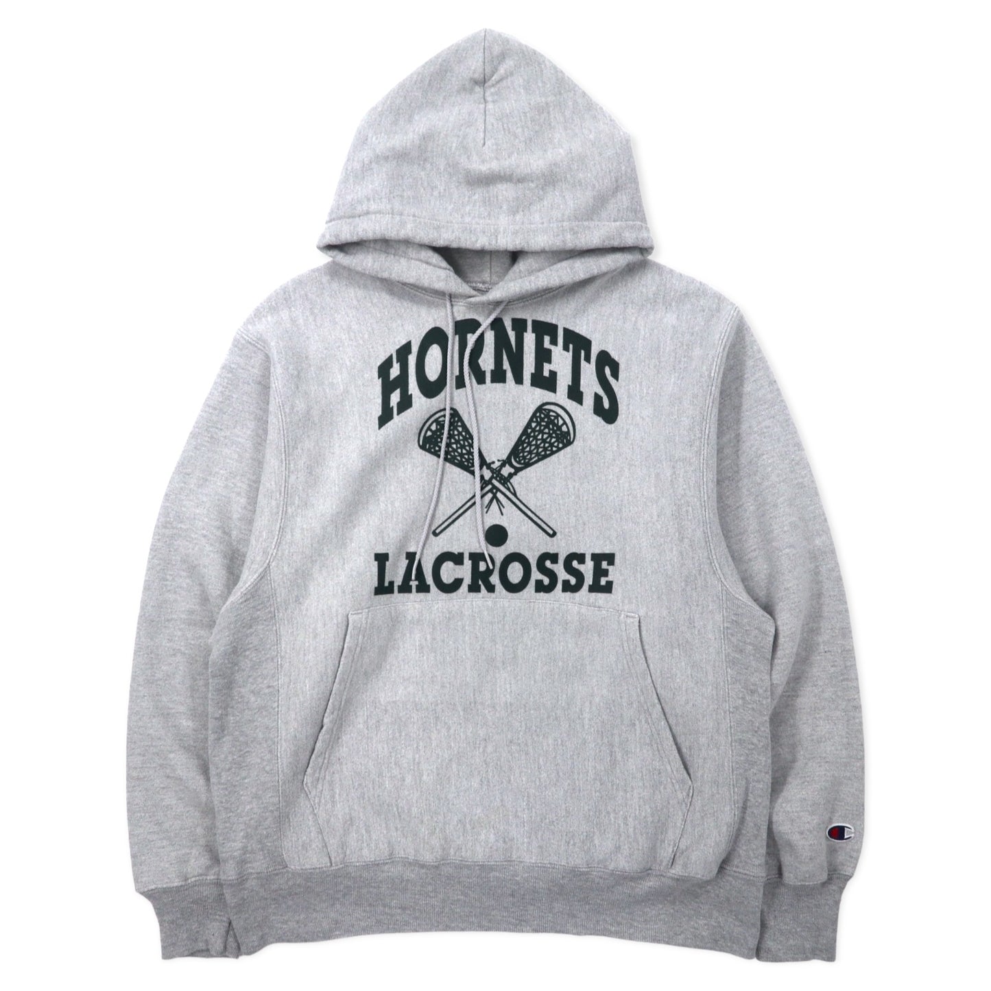 Champion 00年代 プレミアム リバースウィーブ パーカー M グレー コットン 裏起毛 HORNETS LACROSSE アーチロゴ 3段プリント PREMIUM REVERSE WEAVE