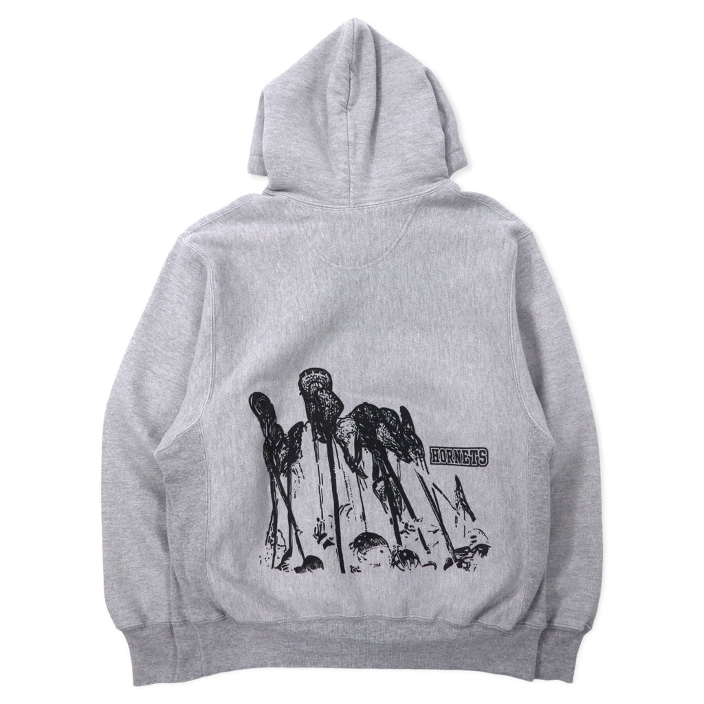 Champion 00s Premium Reverse Weave Hoodie M Grey Cotton Fleece Lining HORNETS LACROSSE Arch Logo 3-Layer Print PREMIUM REVERSE WEAVE
