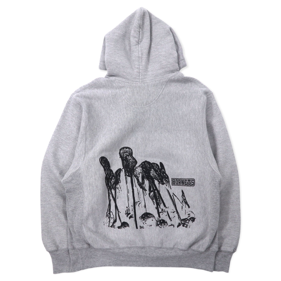 Champion 00s Premium Reverse Weave Hoodie M Grey Cotton Fleece Lining HORNETS LACROSSE Arch Logo 3-Layer Print PREMIUM REVERSE WEAVE