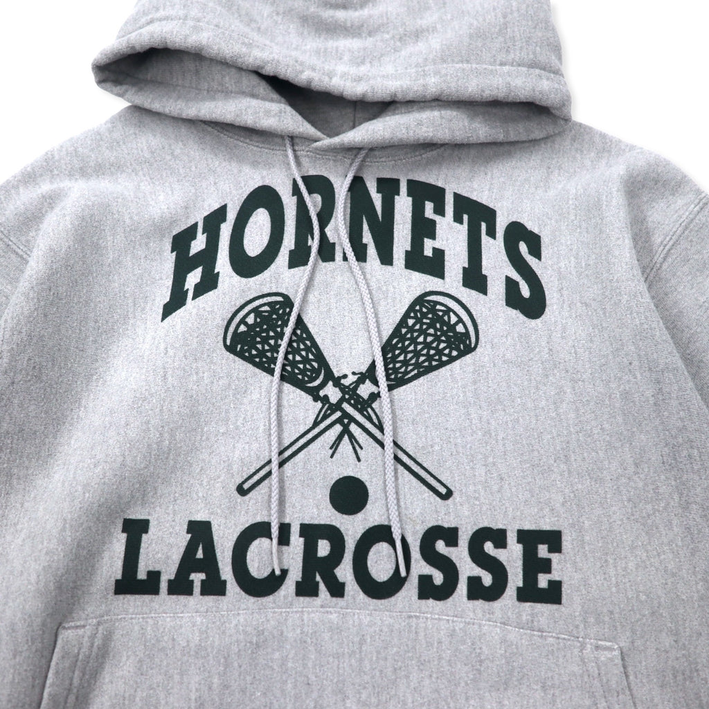 Champion 00s Premium Reverse Weave Hoodie M Grey Cotton Fleece Lining HORNETS LACROSSE Arch Logo 3-Layer Print PREMIUM REVERSE WEAVE