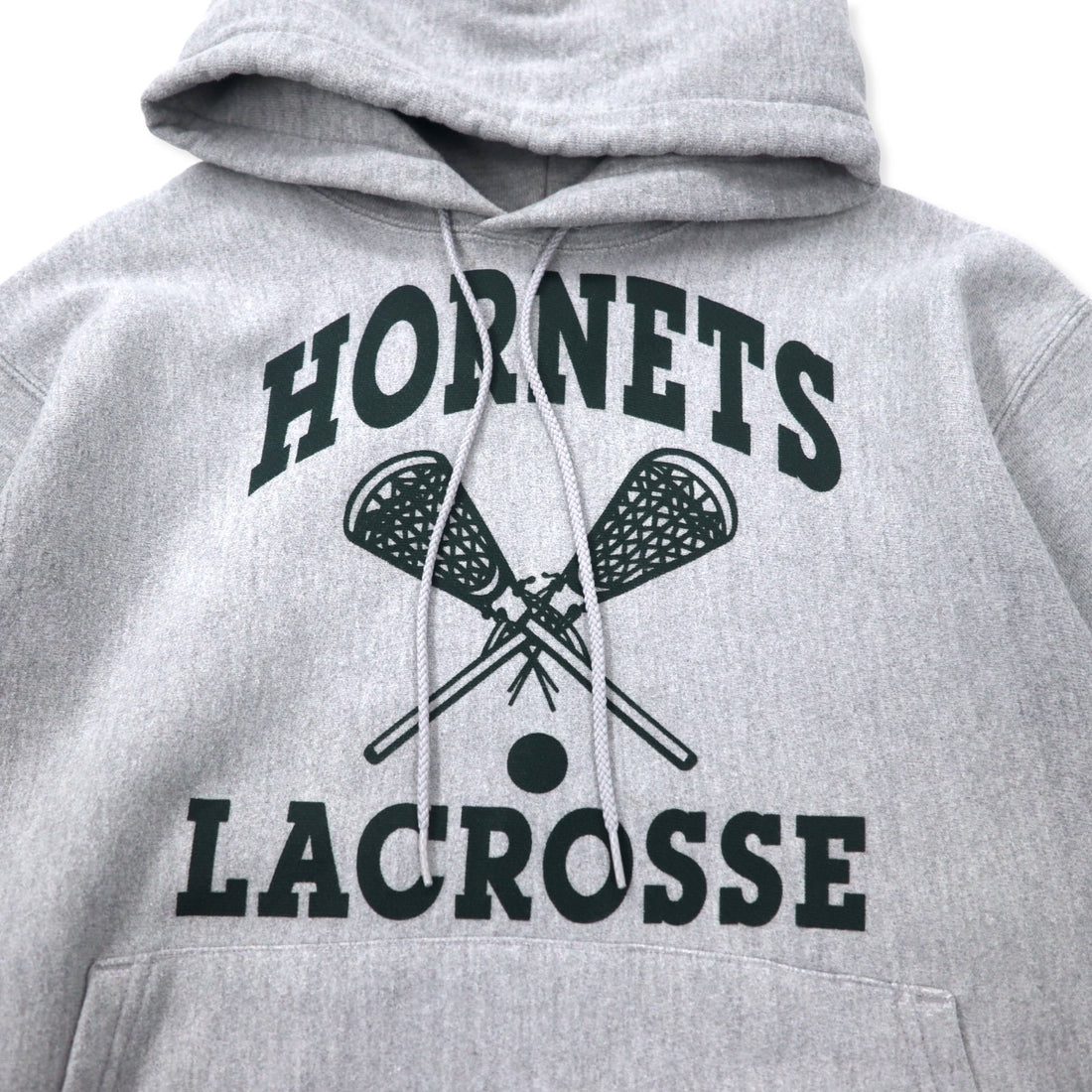 Champion 00s Premium Reverse Weave Hoodie M Grey Cotton Fleece Lining HORNETS LACROSSE Arch Logo 3-Layer Print PREMIUM REVERSE WEAVE