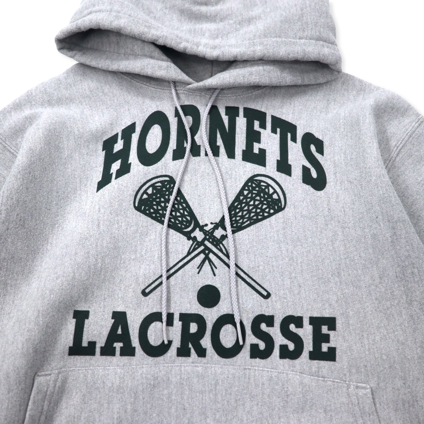 Champion 00年代 プレミアム リバースウィーブ パーカー M グレー コットン 裏起毛 HORNETS LACROSSE アーチロゴ 3段プリント PREMIUM REVERSE WEAVE