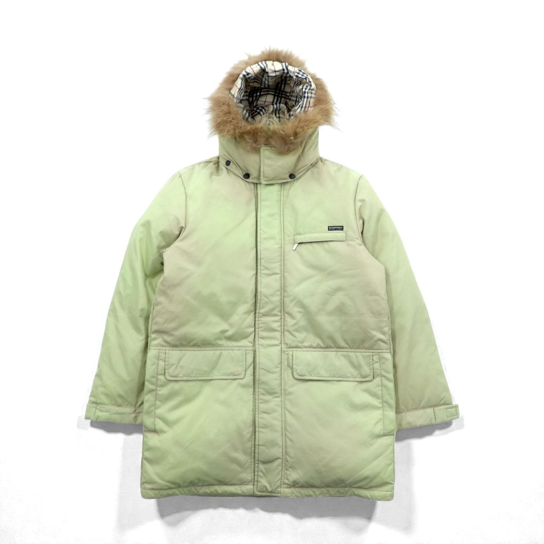 BURBERRY BLACK LABEL White Goose Down Jacket, Medium, with Detachable Fur Hood, Coyote Fur, and Nova Check Interior (BMP60-320-44).