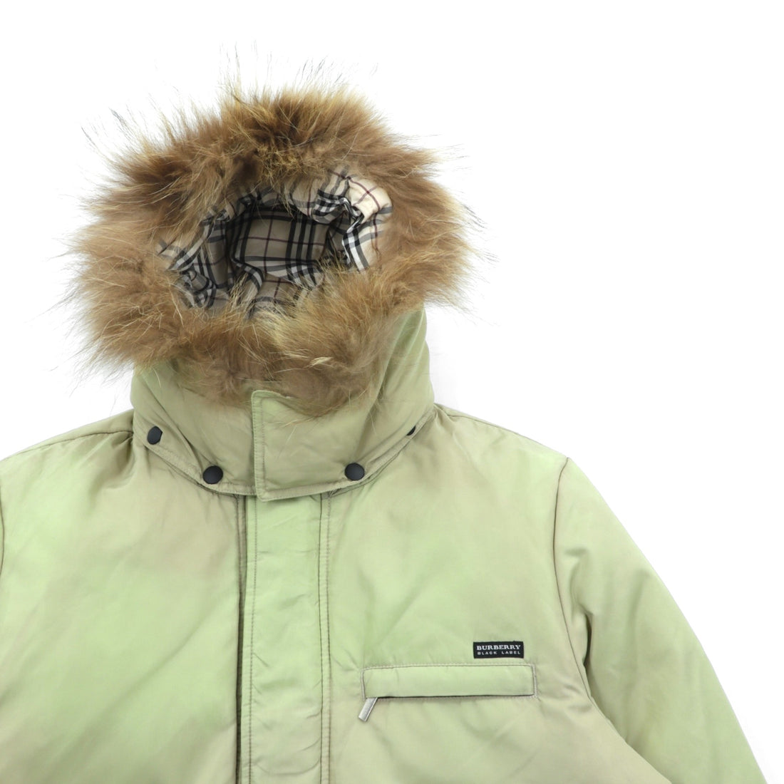 BURBERRY BLACK LABEL White Goose Down Jacket, Medium, with Detachable Fur Hood, Coyote Fur, and Nova Check Interior (BMP60-320-44).