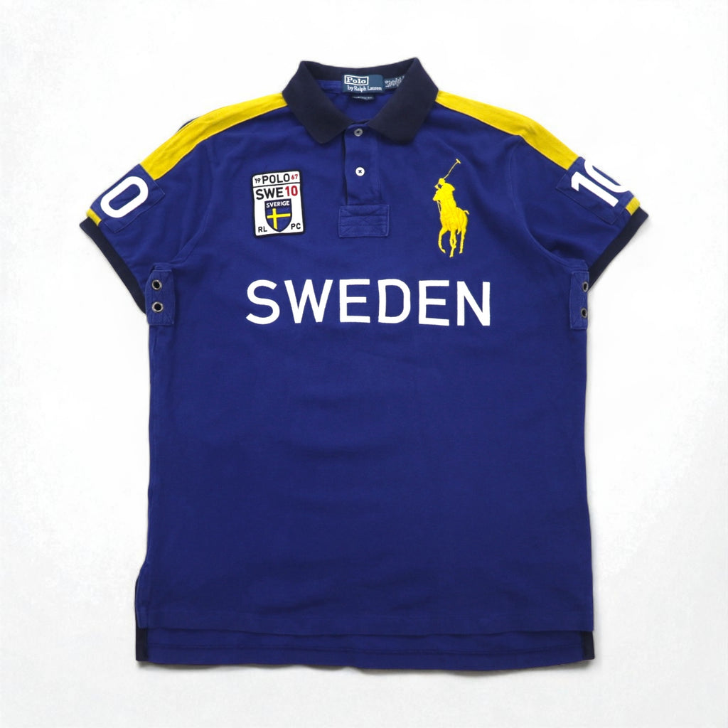 Polo by Ralph Lauren 90s SWEDEN Big Pony Embroidered Polo Shirt L Blue Cotton Pique Numbering CUSTOM FIT