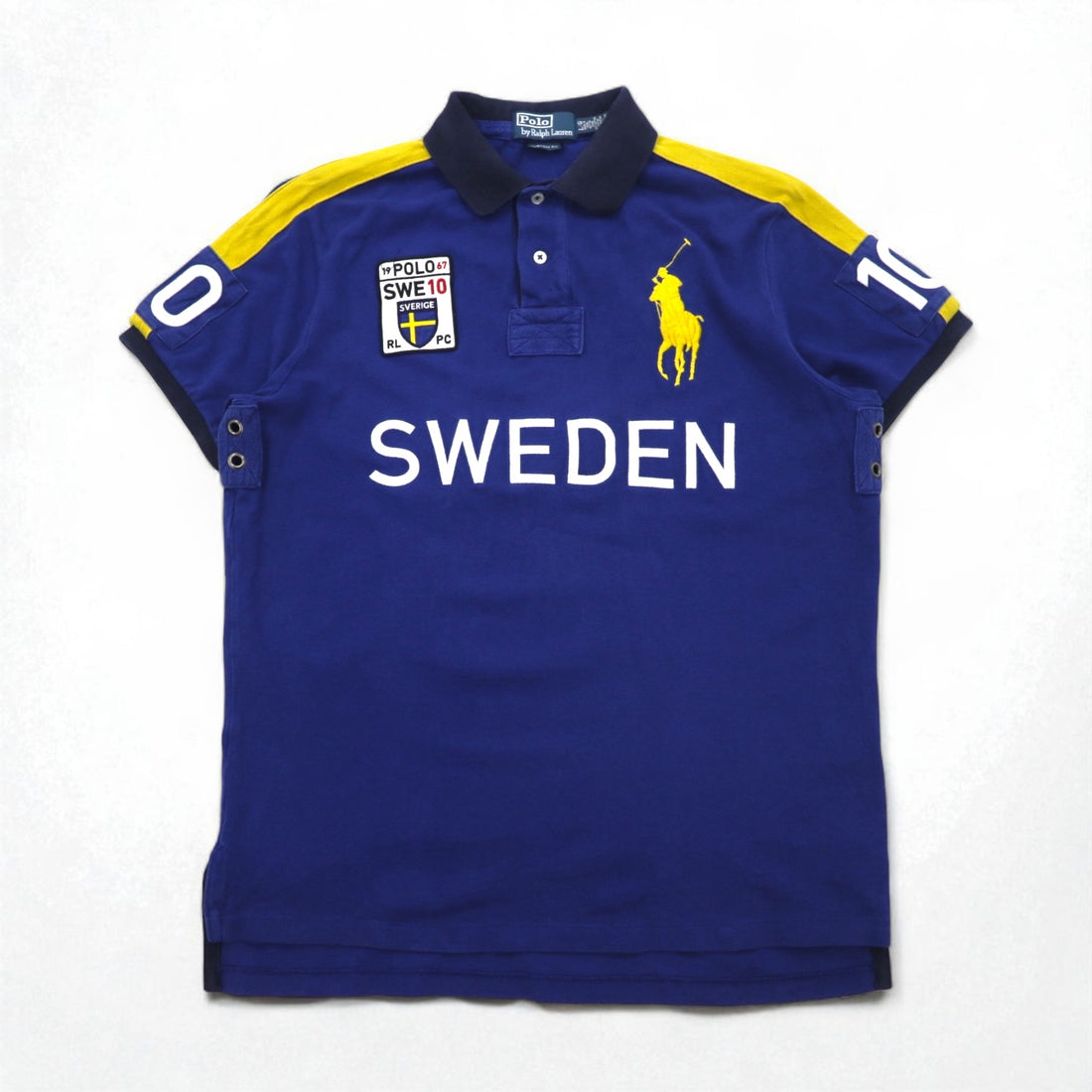 Polo by Ralph Lauren 90s SWEDEN Big Pony Embroidered Polo Shirt L Blue Cotton Pique Numbering CUSTOM FIT